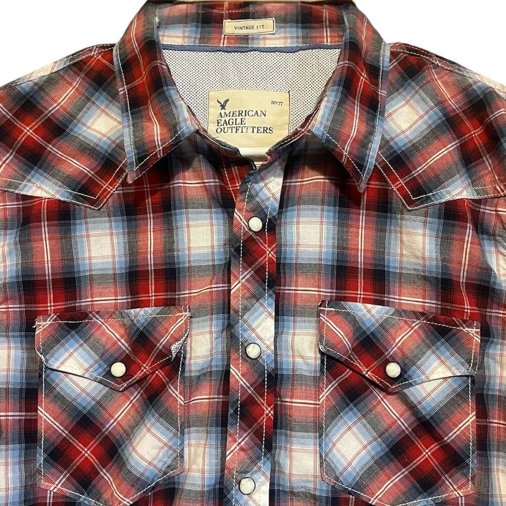 American Eagle Long Sleeve Pearl Snap Shirt Size Large Vintage Fit Plaid
